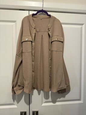 Amazon Beige Waffle Knit Button-Down Shirt Jacket